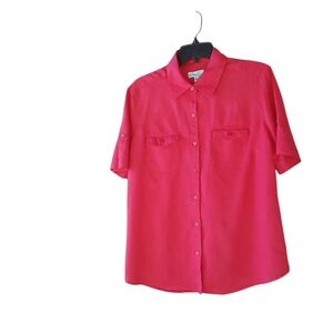 Kim Rogers Fuschia Pink Short Sleeved Button Down Linen Shirt Size Large